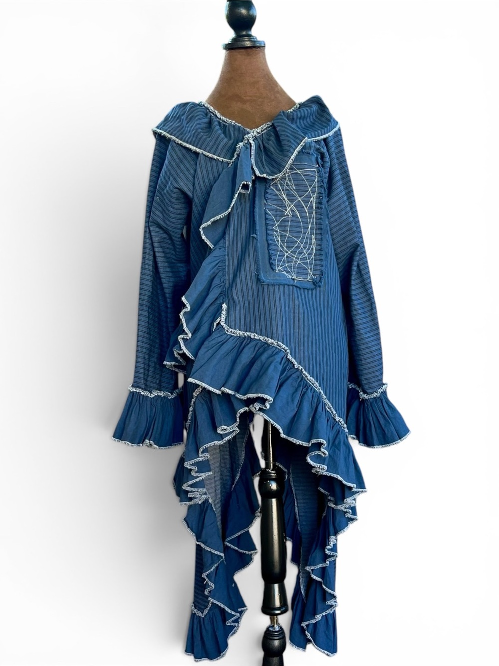 Jaded Gypsy Denim Blue Striped Ruffled Asymmetric Boho Jacket NWOT